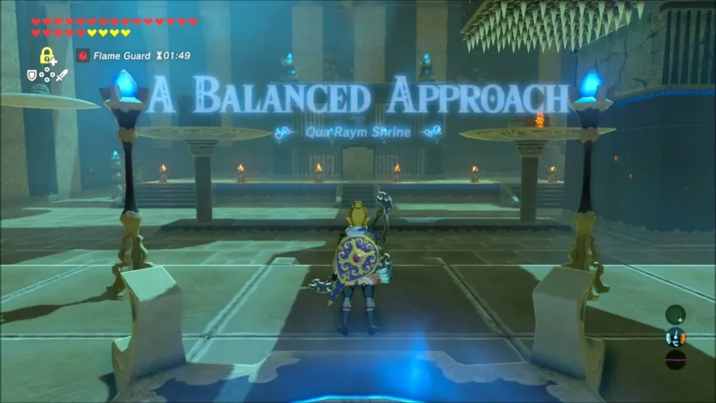 Link in the first chamber of Qua Raym Shrine as the trial title appears Link in the first chamber of Qua Raym Shrine as the trial title appears