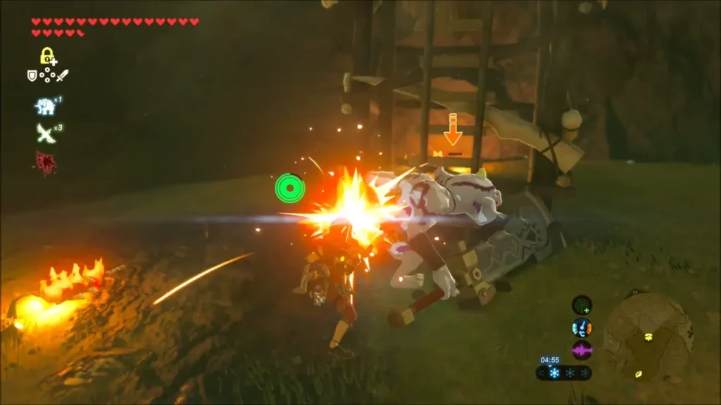 Link striking a Bokoblin beside a wooden lookout in a camp Link striking a Bokoblin beside a wooden lookout in a camp