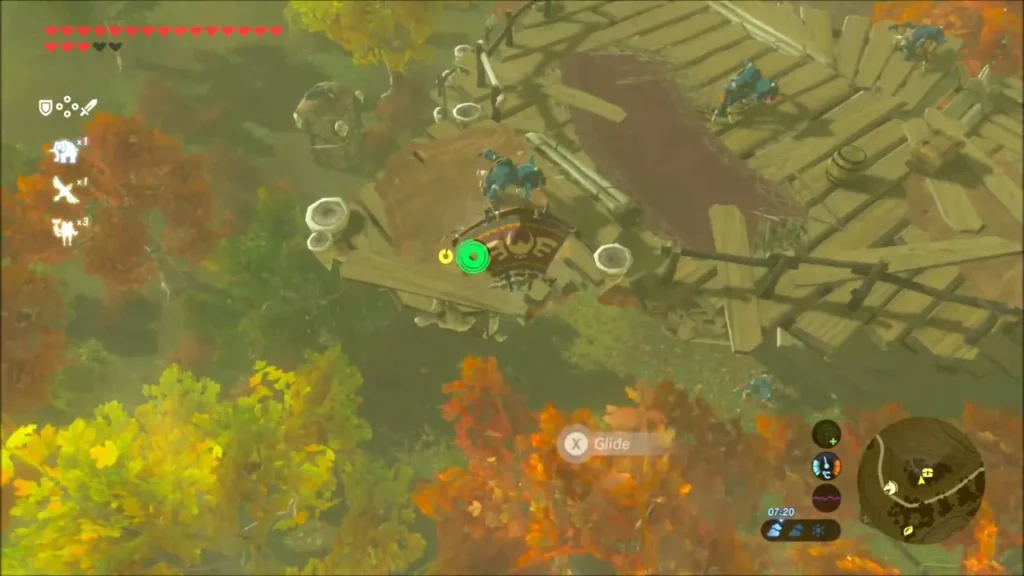Bokoblin camp on wooden platforms seen from above while gliding Bokoblin camp on wooden platforms seen from above while gliding