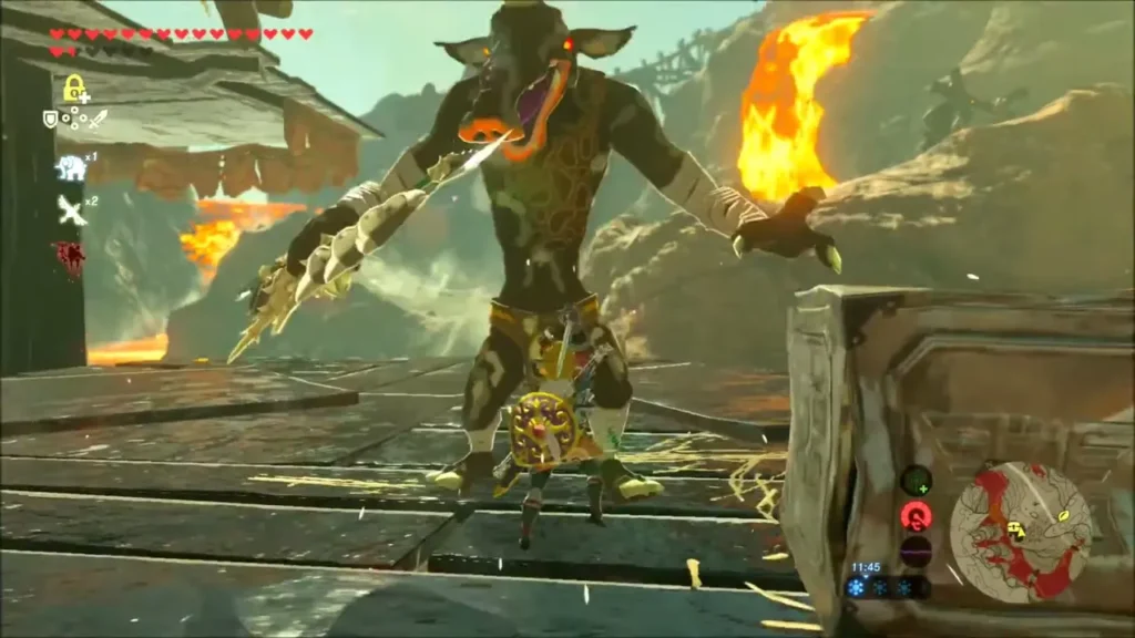 Link facing a Bokoblin on a wooden platform in the canyon Link facing a Bokoblin on a wooden platform in the canyon