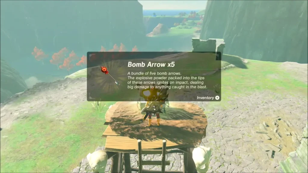 Link on the tower platform with the Bomb Arrow x5 item box Link on the tower platform with the Bomb Arrow x5 item box