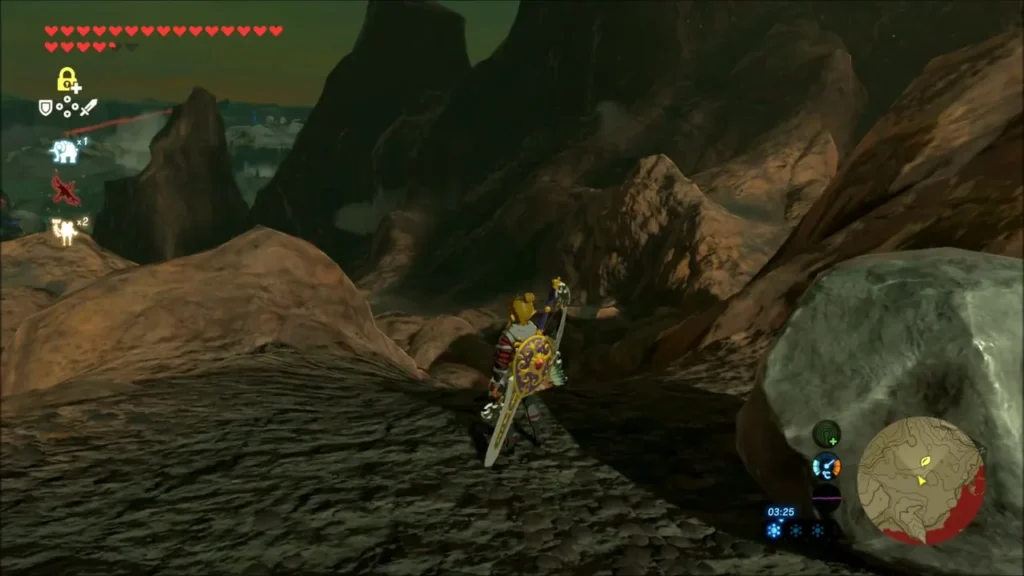 Link squeezing past a large boulder toward the cave exit Link squeezing past a large boulder toward the cave exit
