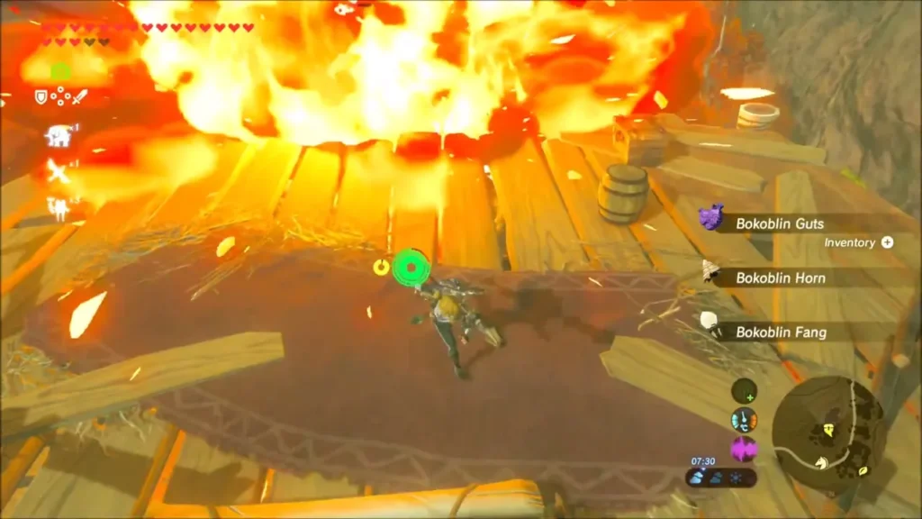 Explosion tearing through the camp planks as Bokoblin loot drops Explosion tearing through the camp planks as Bokoblin loot drops
