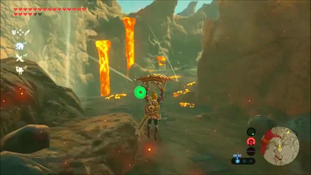 Link gliding down a canyon between glowing lava falls Link gliding down a canyon between glowing lava falls
