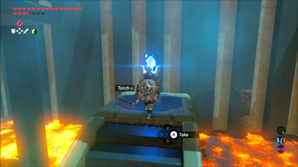 Link taking a torch lit with blue flame from a pedestal Link taking a torch lit with blue flame from a pedestal