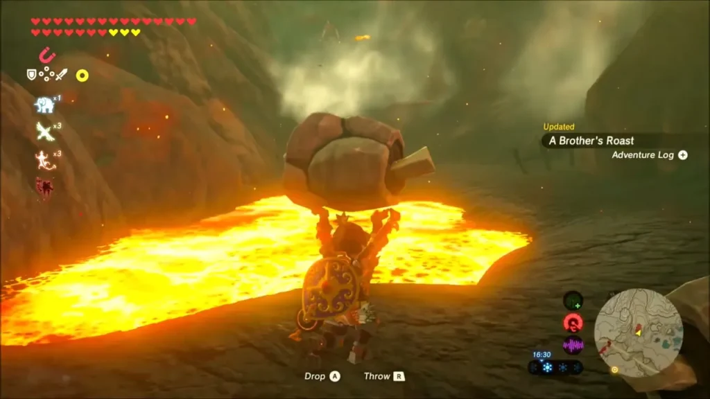 Link lifting a Rock Roast over his head beside a lava pool Link lifting a Rock Roast over his head beside a lava pool