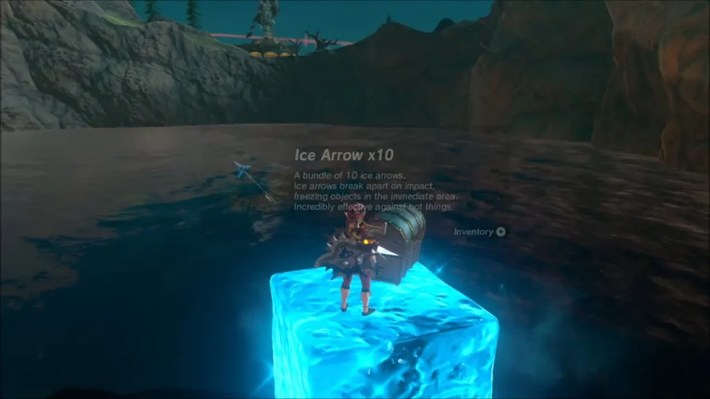 Link on an ice block with the chest opened and Ice Arrow x10 shown Link on an ice block with the chest opened and Ice Arrow x10 shown