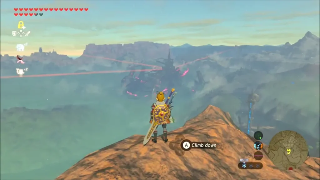 Link at the plateau summit edge with a Climb down prompt, Hyrule Castle in the distance Link at the plateau summit edge with a Climb down prompt, Hyrule Castle in the distance