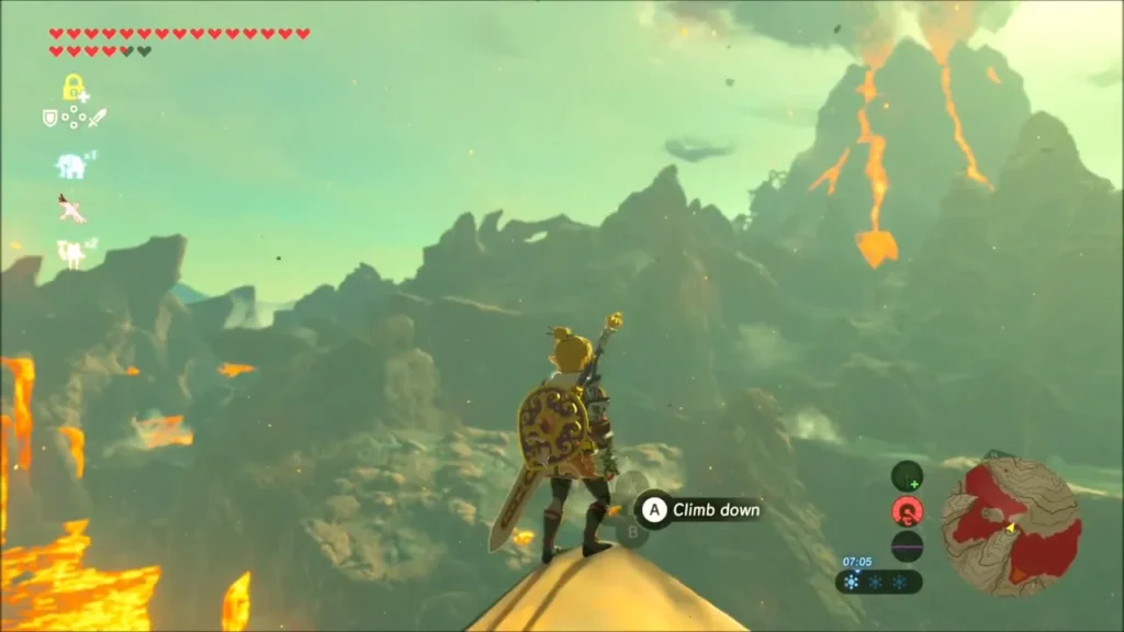Link on the summit overlooking the lava canyons and Death Mountain with a Climb down prompt Link on the summit overlooking the lava canyons and Death Mountain with a Climb down prompt