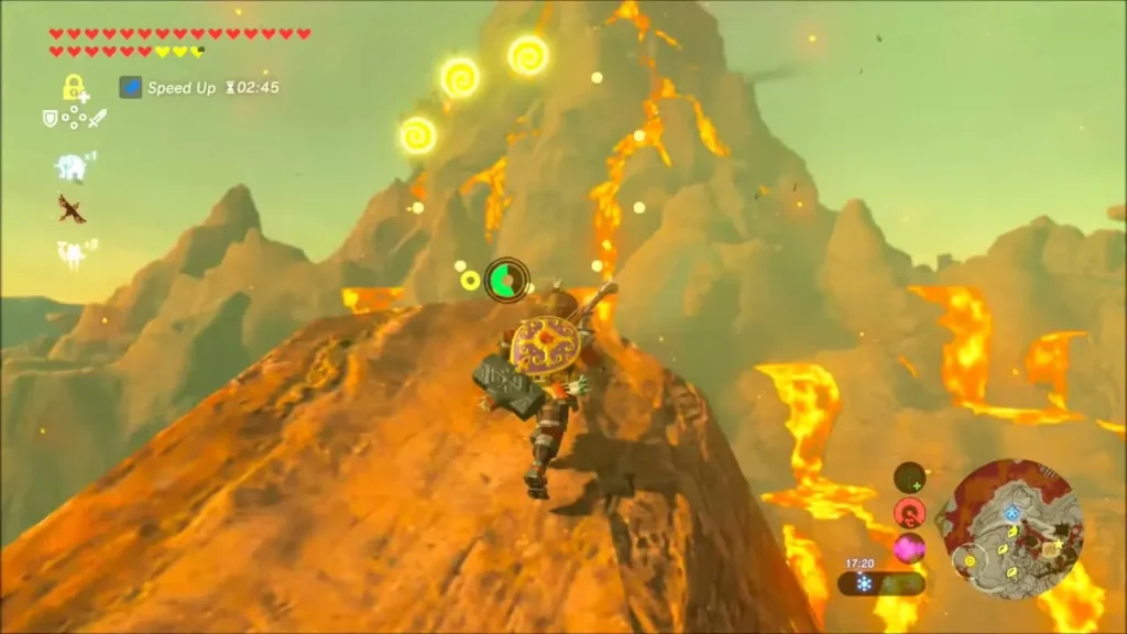 Link climbing the pointed lava peak with Korok flower rings above Link climbing the pointed lava peak with Korok flower rings above