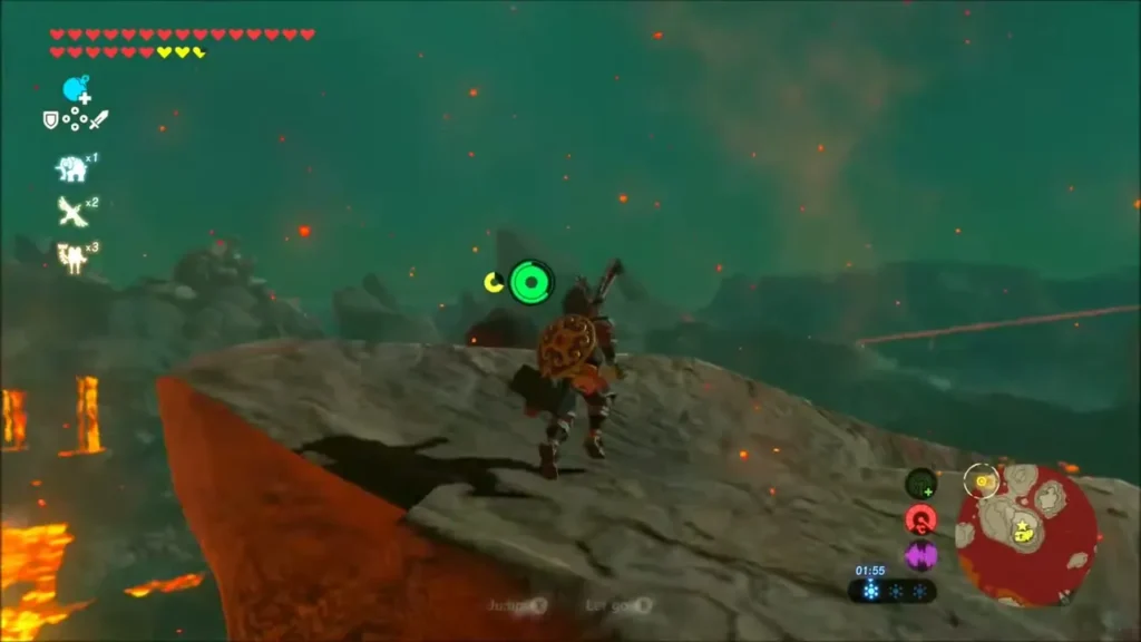 Link climbing onto a small rock peak above the lava canyon Link climbing onto a small rock peak above the lava canyon