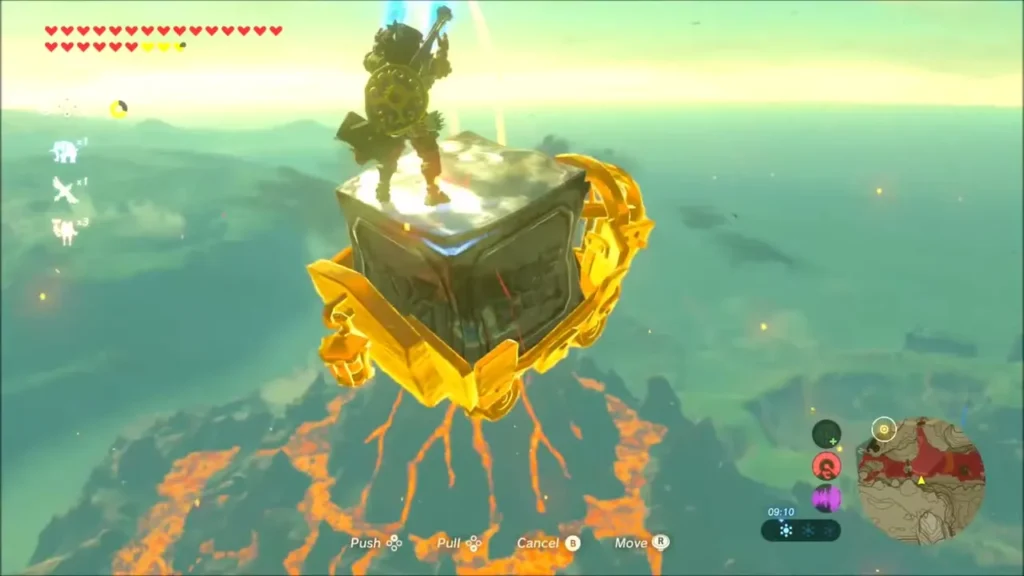 Link riding the crate far above the erupting volcano Link riding the crate far above the erupting volcano
