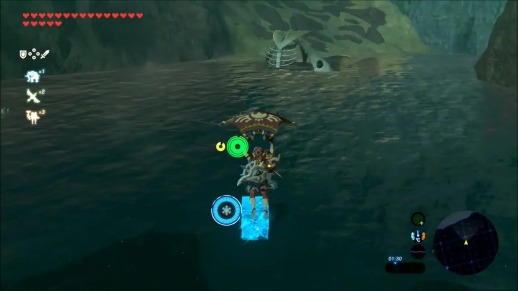 Link gliding over a dark pool as a Cryonis ice block rises from the water Link gliding over a dark pool as a Cryonis ice block rises from the water