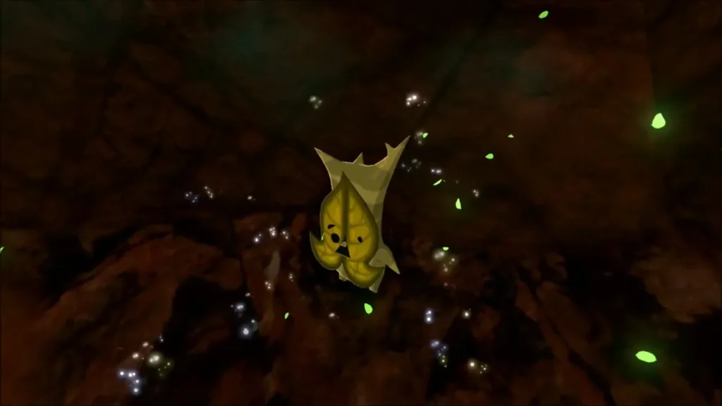 A Korok bursting out of the cave wall with a seed A Korok bursting out of the cave wall with a seed