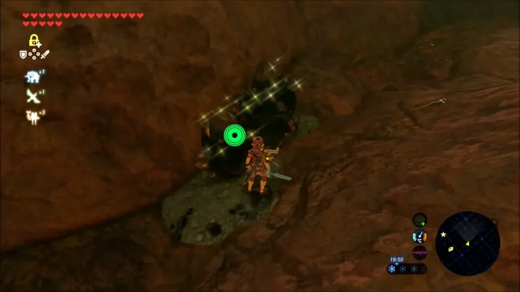 Link standing at the mouth of a dark pocket in the rock Link standing at the mouth of a dark pocket in the rock