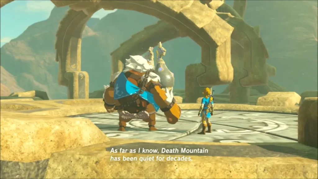 Daruk and Link standing together under a stone arch in the memory Daruk and Link standing together under a stone arch in the memory