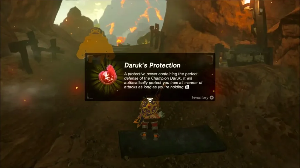 Link receiving Daruk's Protection with its item name box Link receiving Daruk's Protection with its item name box