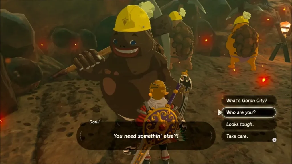 Link talking to the Goron miner Dorill in the Southern Mine Link talking to the Goron miner Dorill in the Southern Mine