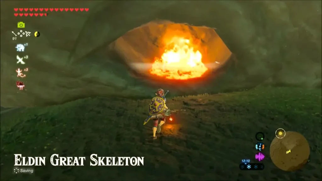 Link facing the fire burning in the skull's eye socket at Eldin Great Skeleton Link facing the fire burning in the skull's eye socket at Eldin Great Skeleton