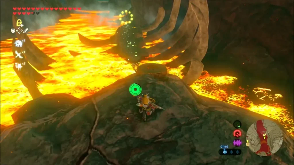 Link on a rock in the lava beneath the giant ribs of the Eldin Great Skeleton, a Korok glow above Link on a rock in the lava beneath the giant ribs of the Eldin Great Skeleton, a Korok glow above