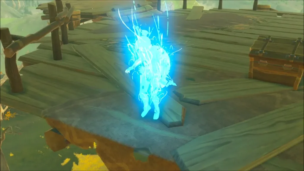 Link dissolving into a blue warp beam on the tower deck Link dissolving into a blue warp beam on the tower deck