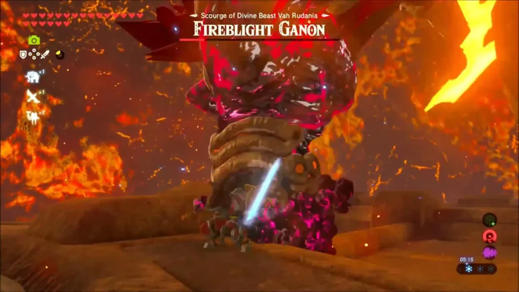 Link striking Fireblight Ganon as his flaming sword hangs in the air Link striking Fireblight Ganon as his flaming sword hangs in the air
