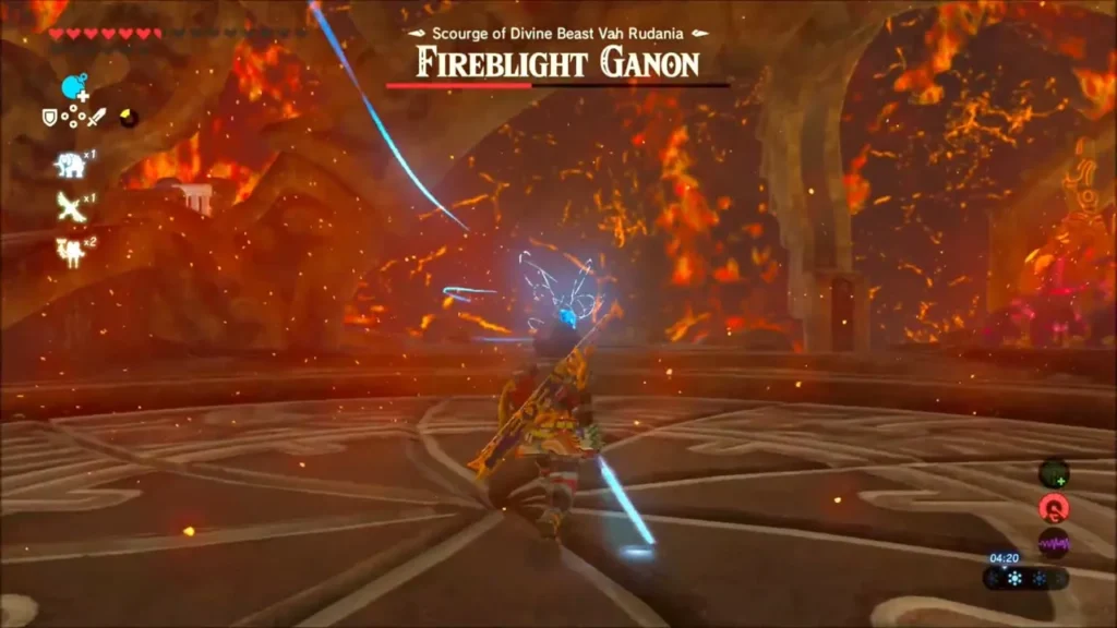 Link dodging Fireblight Ganon's attack with a blue blade sweeping overhead Link dodging Fireblight Ganon's attack with a blue blade sweeping overhead