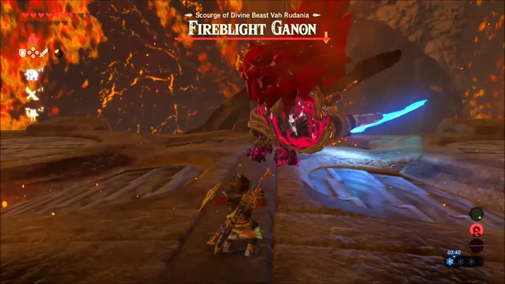 Fireblight Ganon swinging his glowing blade at Link in the lava arena Fireblight Ganon swinging his glowing blade at Link in the lava arena