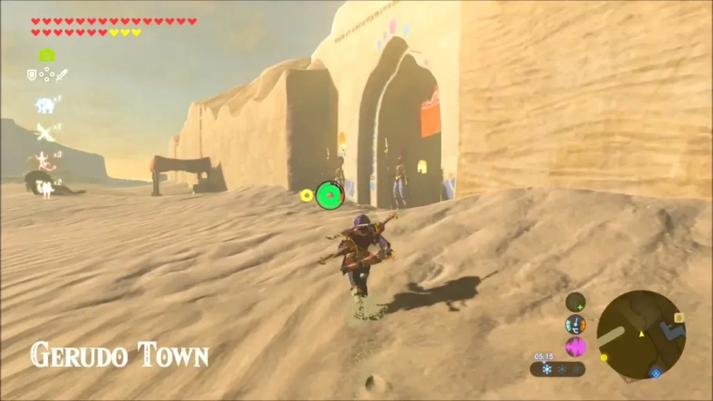 Link running across the sand toward Gerudo Town Link running across the sand toward Gerudo Town