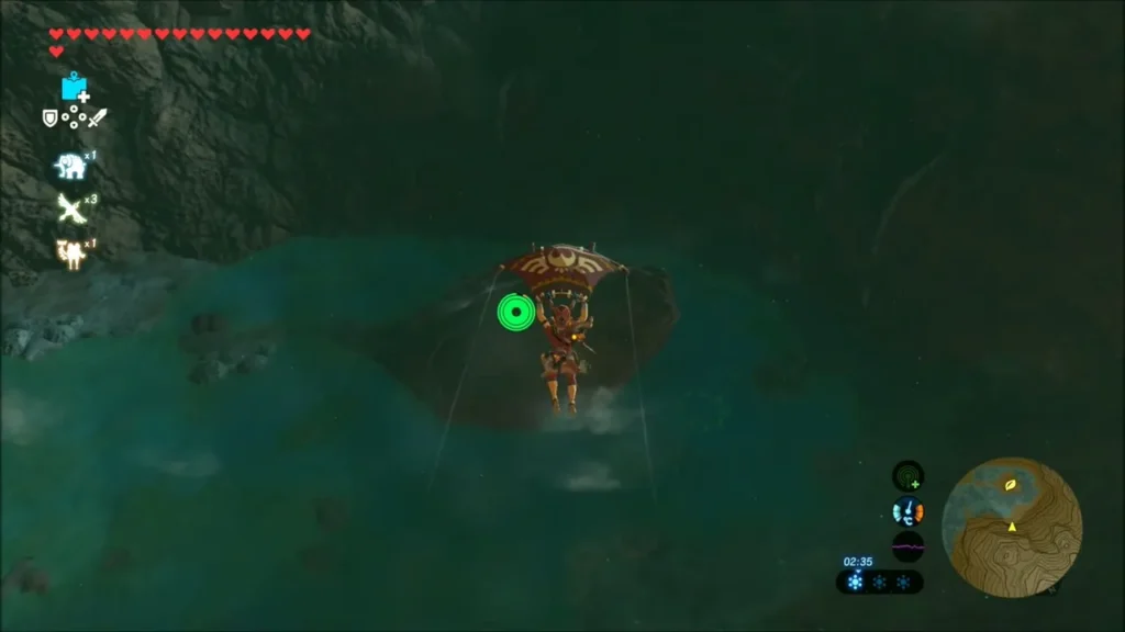 Link gliding over a dark teal lake below the tower Link gliding over a dark teal lake below the tower