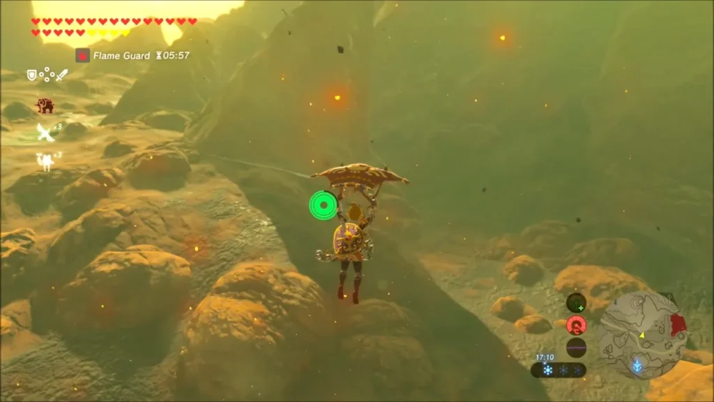 Link gliding down into Eldin Canyon with the Flame Guard effect active Link gliding down into Eldin Canyon with the Flame Guard effect active