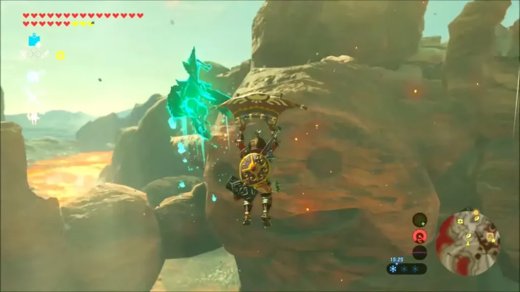 Link gliding toward a rocky ledge above the lava with a green waypoint glow Link gliding toward a rocky ledge above the lava with a green waypoint glow