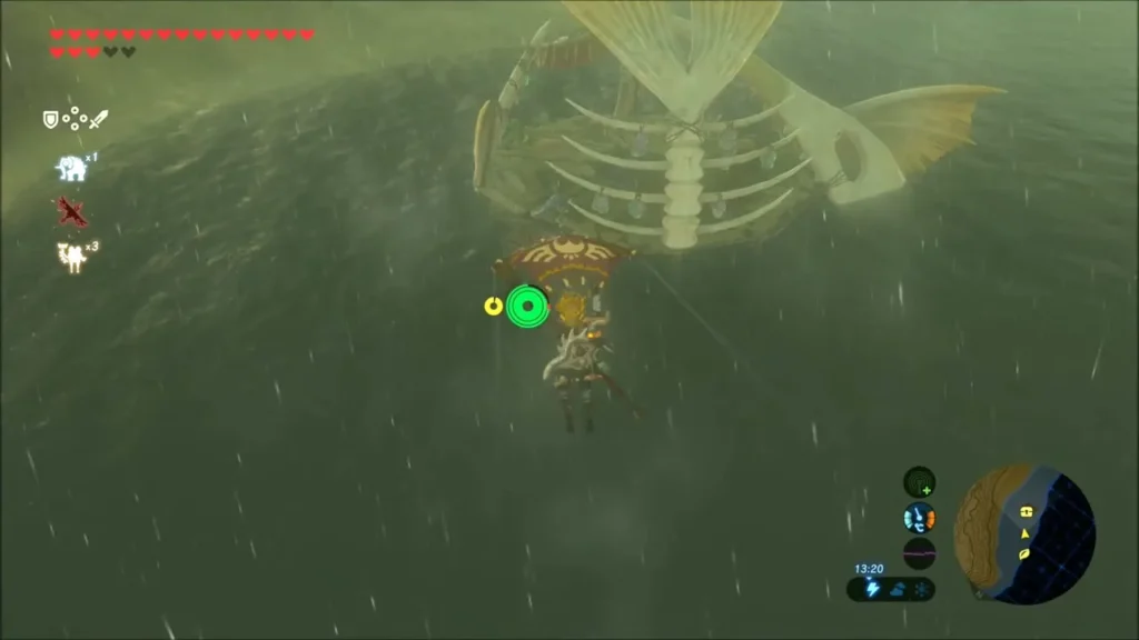 Link gliding over the water toward a giant skeleton and the wrecked wooden raft Link gliding over the water toward a giant skeleton and the wrecked wooden raft