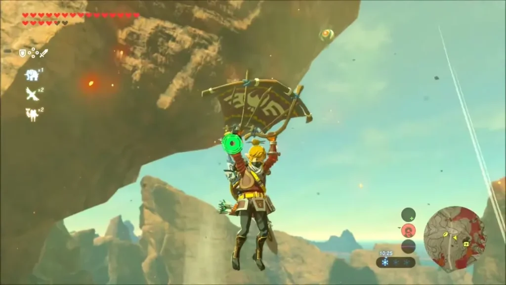 Link gliding beneath a rock arch above the canyon Link gliding beneath a rock arch above the canyon
