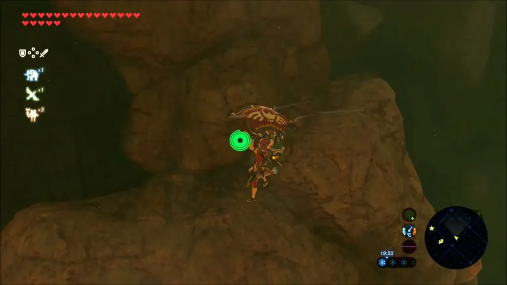 Link gliding from a ledge down into a dark cave Link gliding from a ledge down into a dark cave