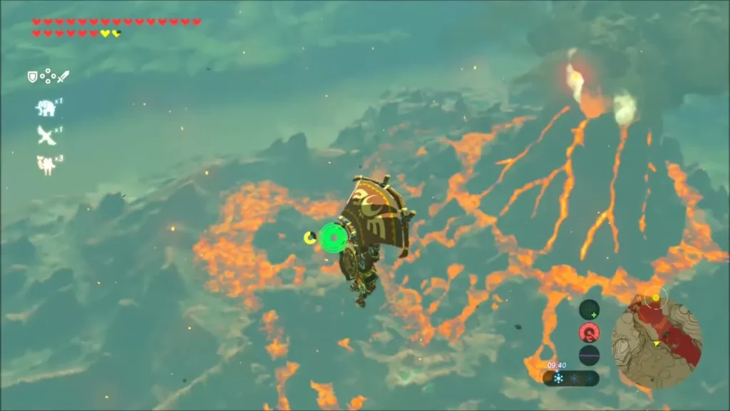 Link gliding over glowing lava rivers on Death Mountain Link gliding over glowing lava rivers on Death Mountain