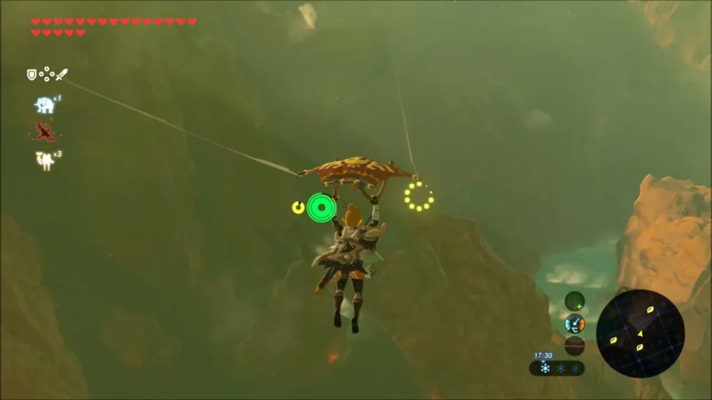 Link gliding toward the glowing ring of lights across the canyon Link gliding toward the glowing ring of lights across the canyon