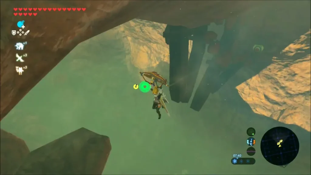 Link gliding beneath a natural stone arch in the canyon Link gliding beneath a natural stone arch in the canyon