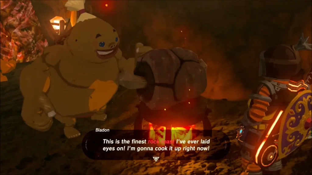 A Goron setting the Rock Roast over a fire in the tunnel A Goron setting the Rock Roast over a fire in the tunnel