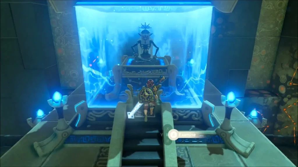 Link approaching the monk sealed in a blue barrier at the altar Link approaching the monk sealed in a blue barrier at the altar