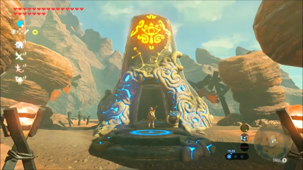 Link entering the glowing Gorae Torr Shrine in the desert rocks Link entering the glowing Gorae Torr Shrine in the desert rocks