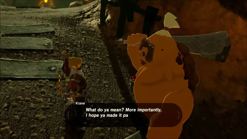 Link speaking with a Goron guard at the city entrance Link speaking with a Goron guard at the city entrance