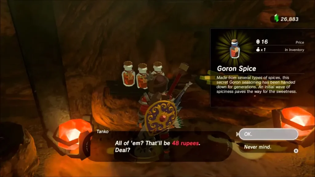 Tanko's stall with jars of Goron Spice priced at 16 Rupees Tanko's stall with jars of Goron Spice priced at 16 Rupees