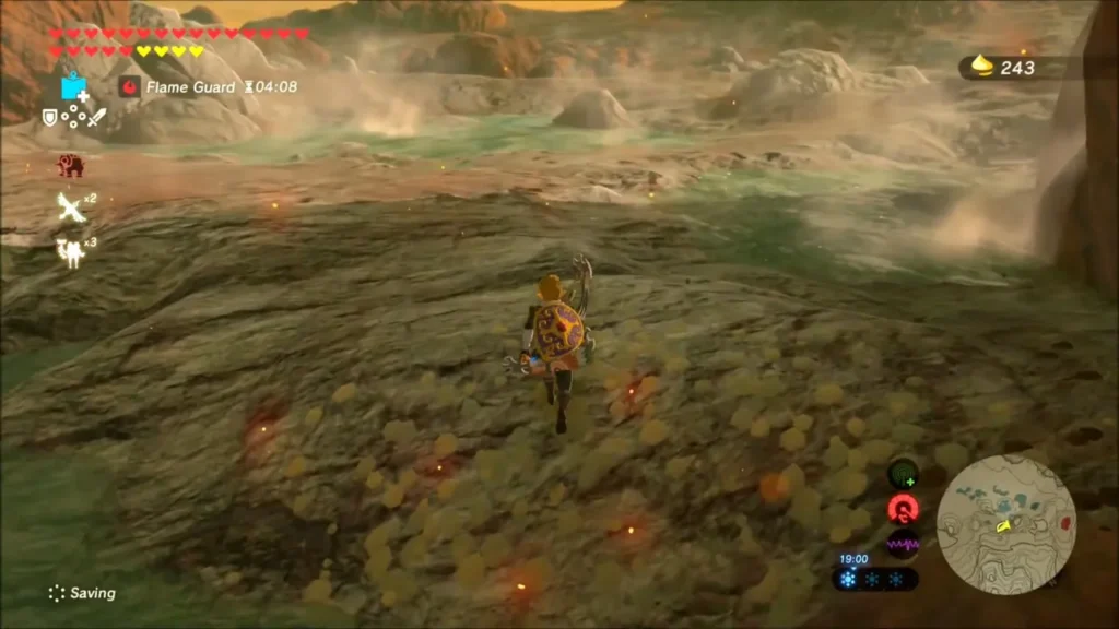 Link walking past the warm green pool in the cave Link walking past the warm green pool in the cave