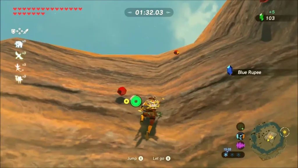 Link scaling the rock near the top with the Rupee count at 103 Link scaling the rock near the top with the Rupee count at 103