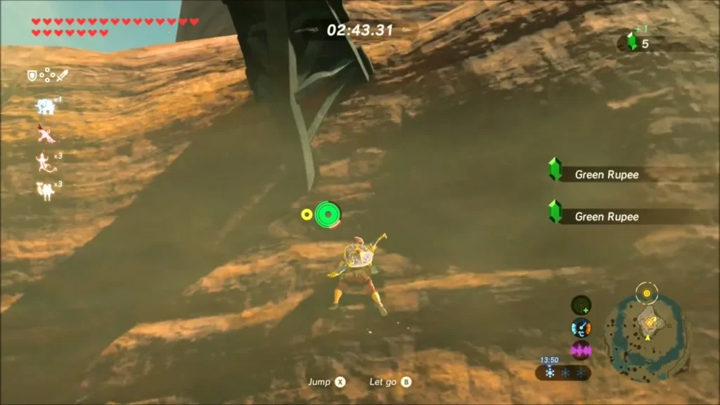 Link climbing Gut Check Rock against the timer past green Rupees Link climbing Gut Check Rock against the timer past green Rupees
