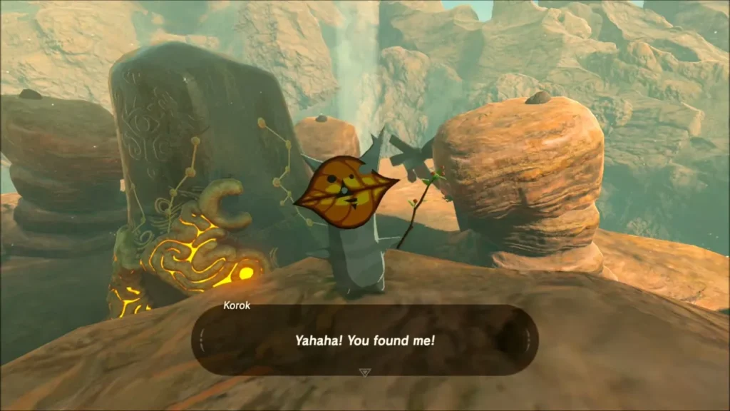 Korok beside the carved stone saying he was found Korok beside the carved stone saying he was found