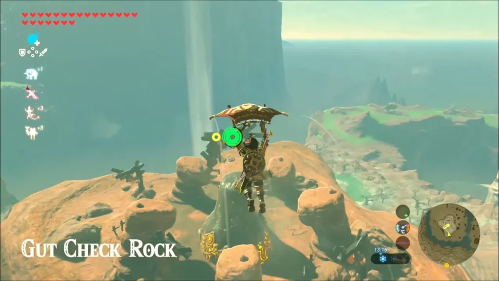 Link gliding over the carved stone atop Gut Check Rock Link gliding over the carved stone atop Gut Check Rock