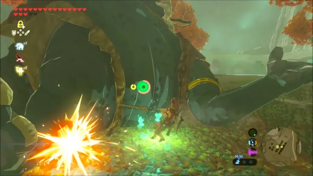 Link attacking the Hinox with an explosion at its belly Link attacking the Hinox with an explosion at its belly