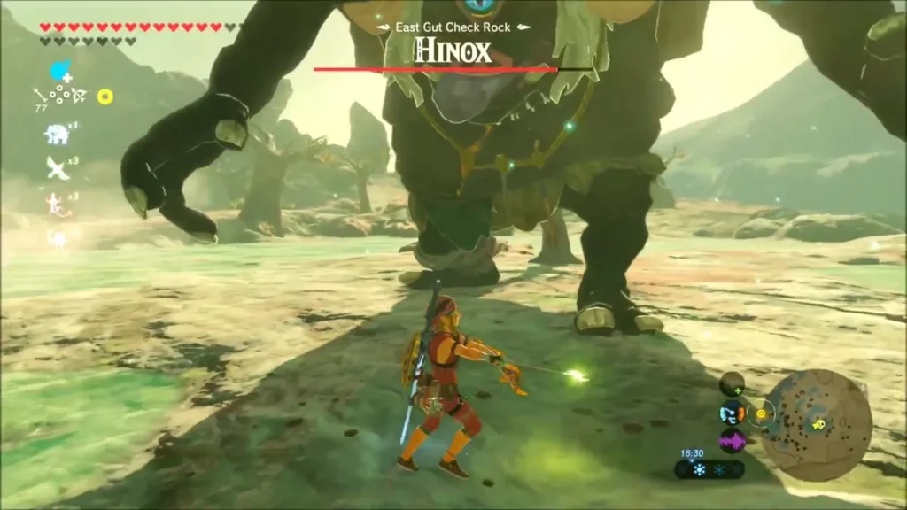 Link facing a Hinox with its title bar near East Gut Check Rock Link facing a Hinox with its title bar near East Gut Check Rock